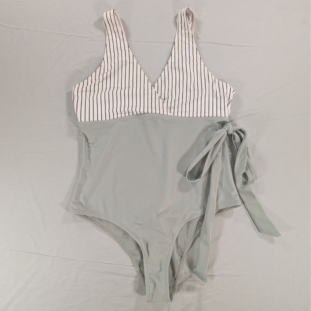 Women's Green White Stripe One Piece Swimsuit Wrap XL